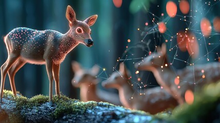 Obraz premium Mysterious fawn encounter enchanted forest wildlife photography magical atmosphere close-up view nature's wonders