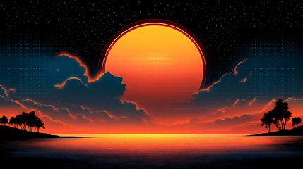 Retro Sunset Scene Tropical Island Palms Ocean Sky