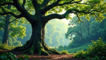 Fototapeta premium Tall tree with gnarled branches and twisted trunk, forest, rugged