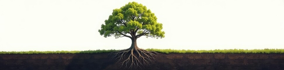 Tree stretches its roots deep into the earth on a blank canvas, landscape, roots, branches