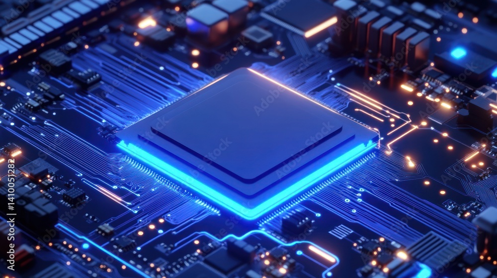 Poster close-up of a modern microprocessor on a circuit board, showcasing intricate details and vibrant lig