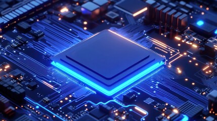 Obraz premium Close-up of a modern microprocessor on a circuit board, showcasing intricate details and vibrant lighting.