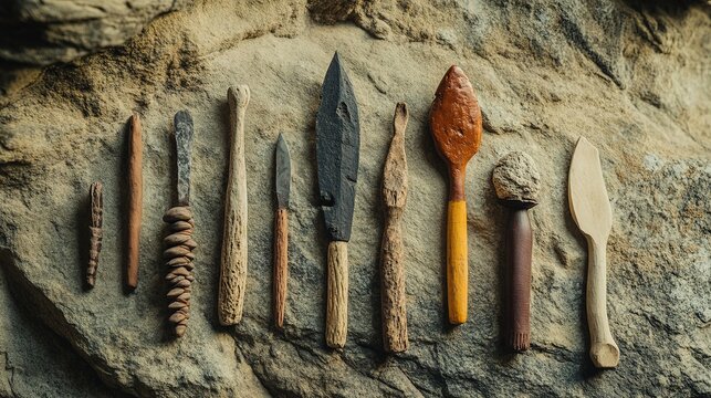 Ancient bone tools on stone, early hominin shadows in background, symbolizing prehistoric innovation.
