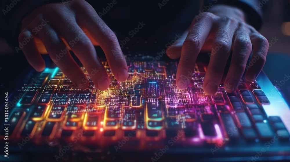 Poster close-up of hands typing on a vibrant, illuminated keyboard, showcasing advanced technology and digi