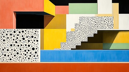 Abstract Geometric Architectural Composition Featuring Bold Colors and Patterns