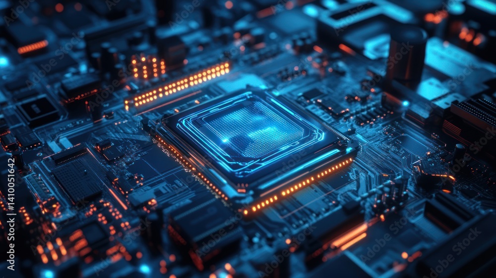 Poster close-up view of a futuristic microprocessor surrounded by glowing circuitry and innovative design e