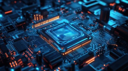 Fototapeta premium Close-up view of a futuristic microprocessor surrounded by glowing circuitry and innovative design elements.
