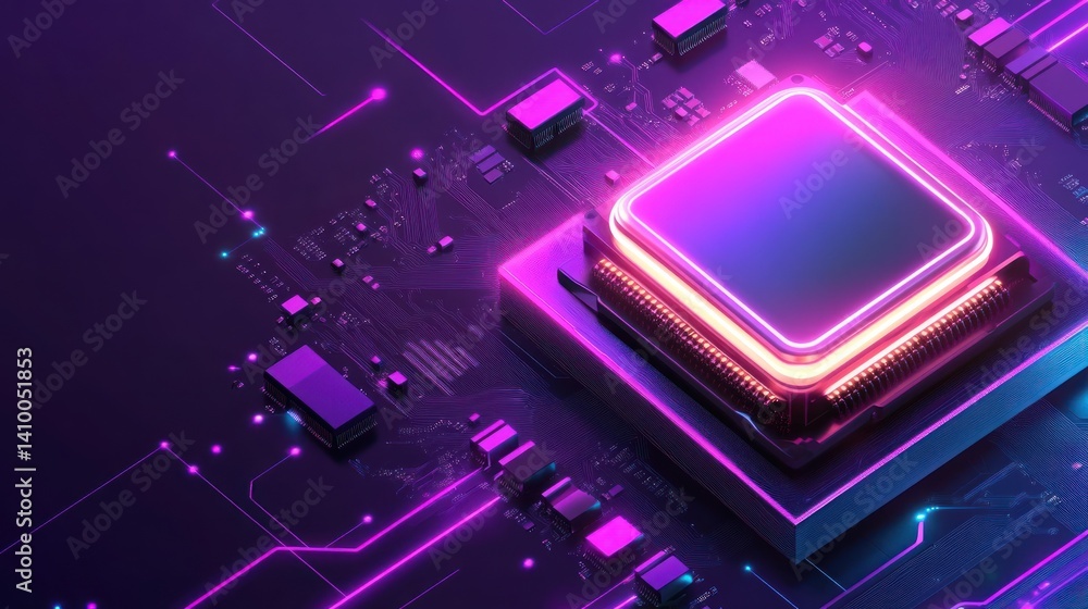 Poster close-up view of a vibrant microprocessor with glowing circuits, representing advanced technology an