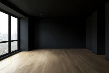 Dark living room interior with black empty wall creating a modern and minimalist atmosphere