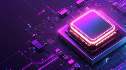 Close-up view of a vibrant microprocessor with glowing circuits, representing advanced technology and innovation in electronics.