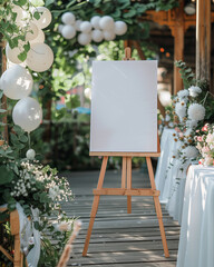 Elegant outdoor wedding venue welcome sign, welcome table sign mockup, verdant green foliage, green vines with balloons, flower arrangements.