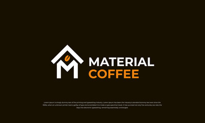 logomark, pictogram logo combination house building and letter M with coffee bean.