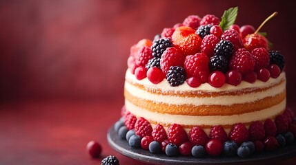 Berry Bliss Layer Cake
Whipped Cream Fruit Delight
Sweet Layers of Summer beautiful and very testy fruit cake on red background 