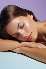 Obraz premium Serene woman resting with closed eyes. Radiant complexion and glossy hair in a pastel setting.