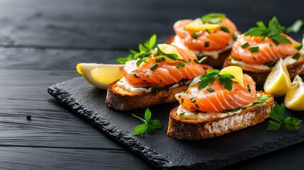 Bruschetta and fish tartare appetizer Gourmet salmon toast with herbs and lemon on a slate platter.