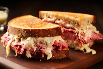 Reuben sandwich with sauerkraut and creamy sauce for lunch on a board close up