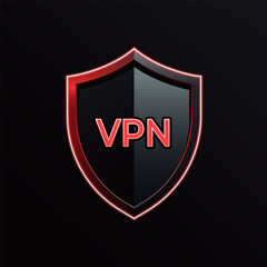 3D VPN icon black and red shield symbolizing fast, secure internet connection, encryption, firewall global protection. Represents privacy, safety, and trusted network service. Not ai.