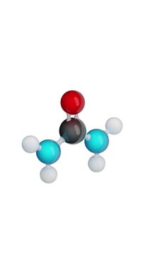 Molecule: Urea. Chemical Structure Model: Ball and stick. Molecular Formula: CH4N2O. Isolated on a white background. Seamless looping Vertical video. 3D render.