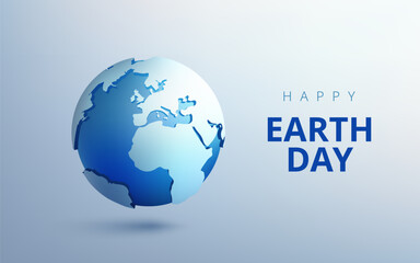 3D illustration of Earth Day concept with a blue globe, continents, and eco friendly. Represents planet conservation, environmental care, and nature protection. Poster banner. Not AI.