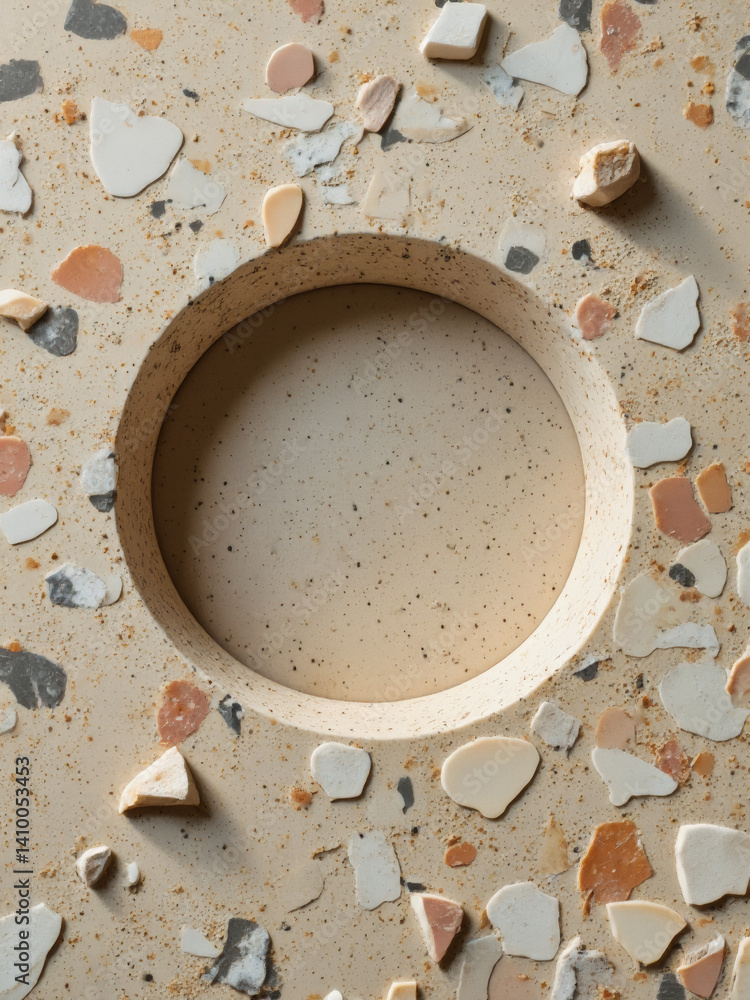 Poster everyday objects - for downstream advertisement and design: a circular, beige-colored object sits ce