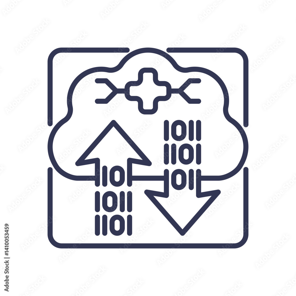 Poster cloud with binary code, arrows, and medical cross symbolizing cloud-based healthcare data exchange.