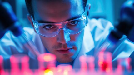 Focused scientist conducting experiments with colorful liquids in a lab, showcasing innovation and research in science.