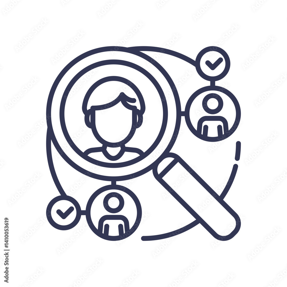 Poster magnifying glass over user icons symbolizes analyzing customer data for insights.