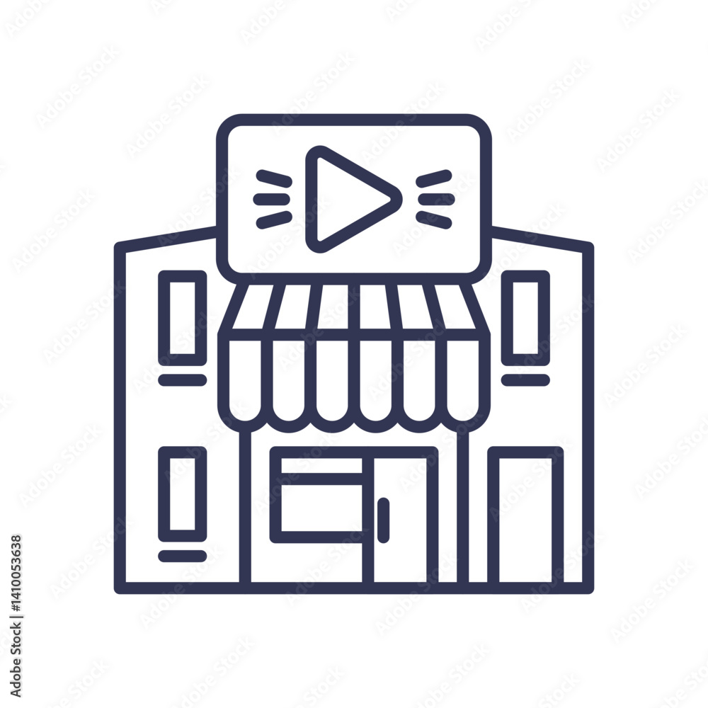 Poster icon of a storefront with a play button, symbolizing digital transformation in retail.