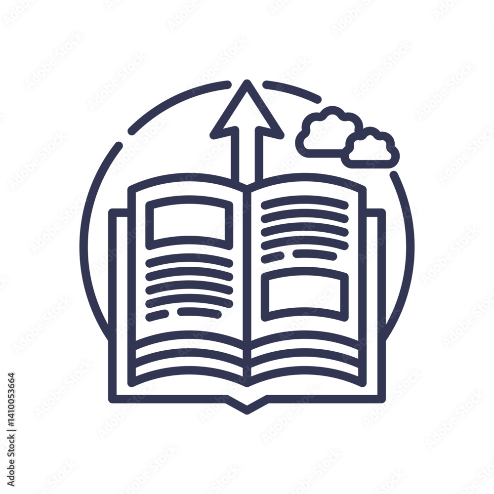 Poster open book with arrow and clouds symbolizes knowledge and growth.