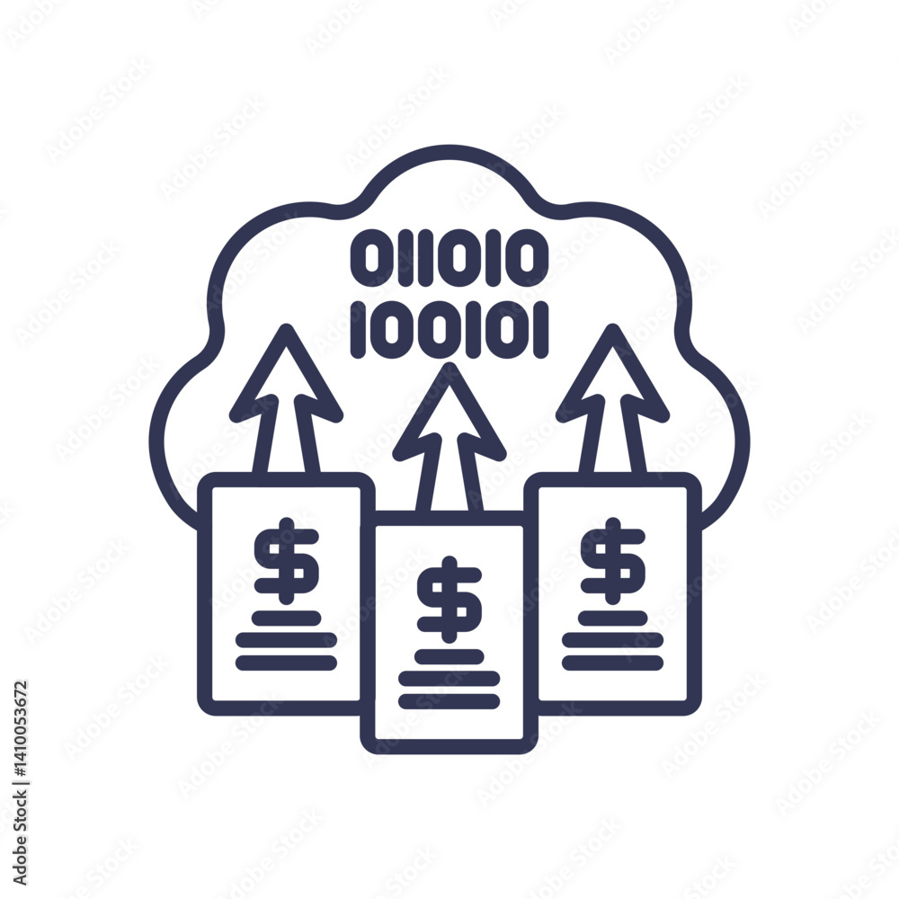 Poster binary code and dollar signs symbolize digital financial transactions.