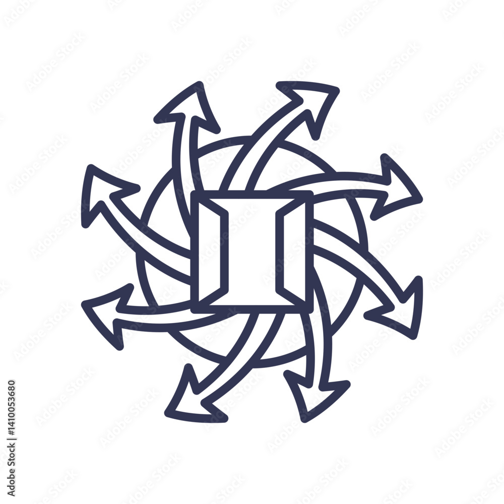 Poster central hub with arrows radiating outward, symbolizing dynamic routing and network flow.