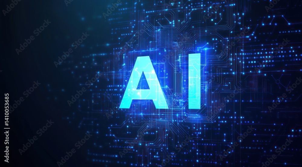 Poster futuristic ai concept with glowing blue letters on a digital background representing advanced techno