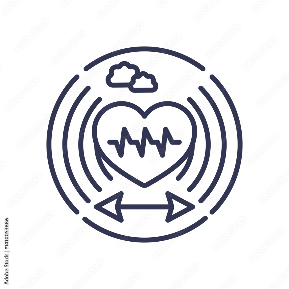 Poster heart with pulse, clouds, and arrows symbolize dynamic interactions in health and connectivity.