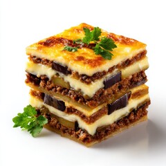 Close up of moussaka with eggplant meat and creamy sauce layers isoleted on white background
