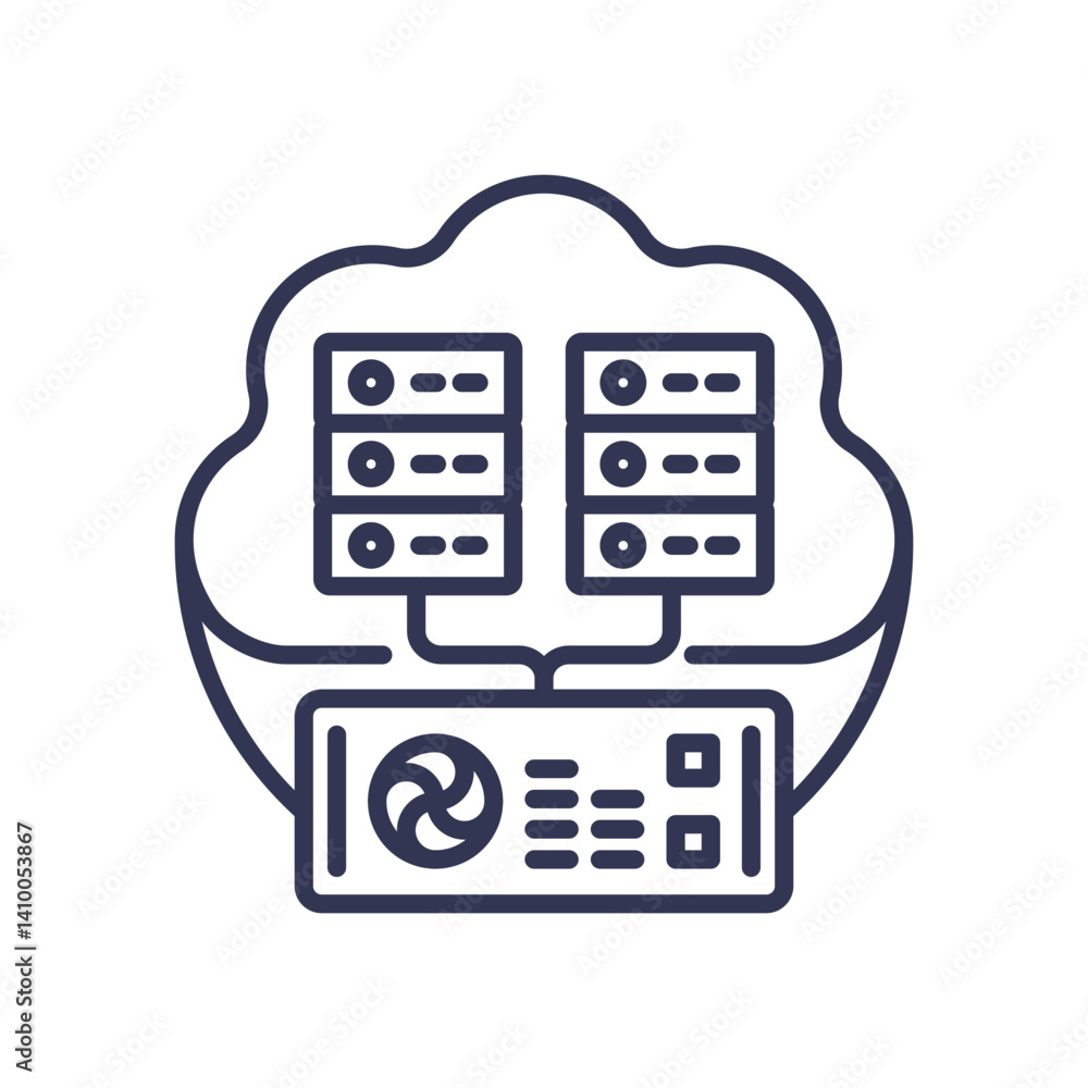 Poster cloud servers and data storage symbolize hybrid infrastructure integration.