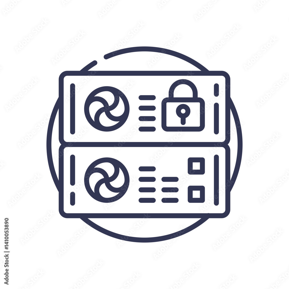 Poster illustration of secure servers with cooling fans and a padlock symbolizing data protection.