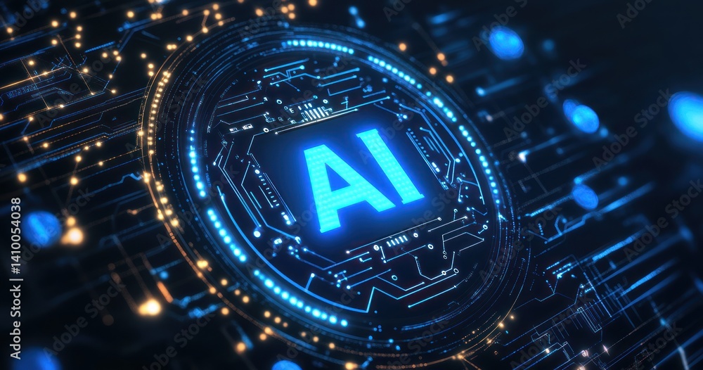 Poster futuristic depiction of artificial intelligence with a glowing circuit design, highlighting innovati