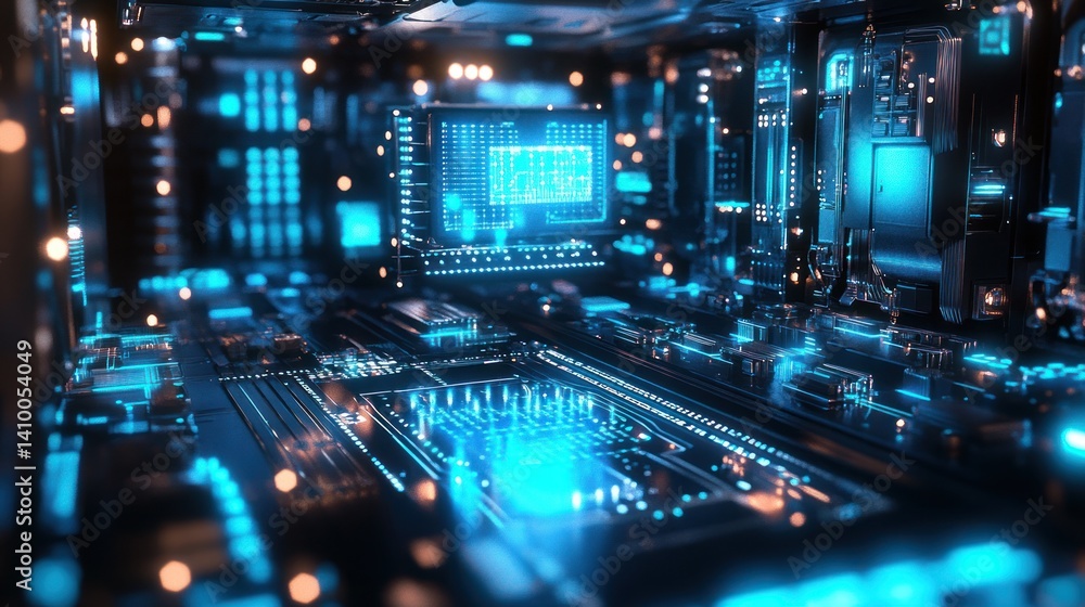 Poster futuristic digital circuit board showcasing advanced technology in a modern, illuminated design with
