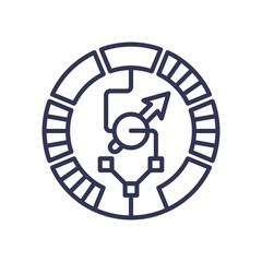 Abstract icon with arrow and circular elements symbolizing progress and evaluation.