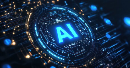 Futuristic depiction of artificial intelligence with a glowing circuit design, highlighting innovation and digital transformation.