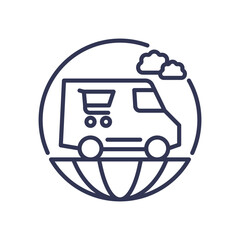 Delivery van on globe symbolizes global mobility and wide reach.
