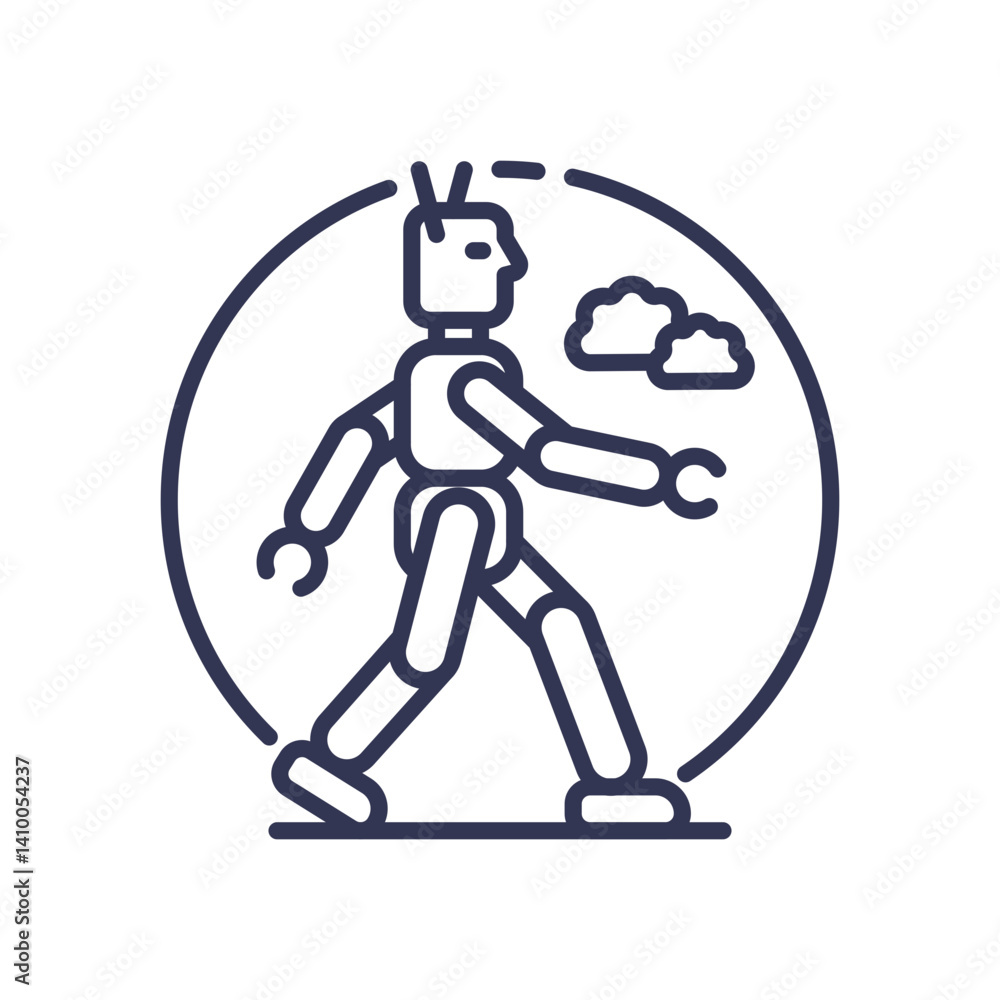 Aufkleber line art of a humanoid robot walking, symbolizing ai integration in physical environments.
