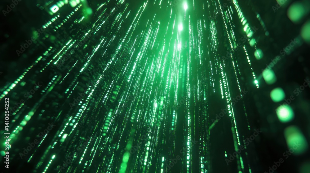 Poster futuristic green digital background with flowing binary code, representing data transmission and adv