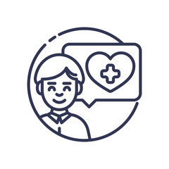 Smiling person with speech bubble showing heart and medical cross, symbolizing positive patient feedback.