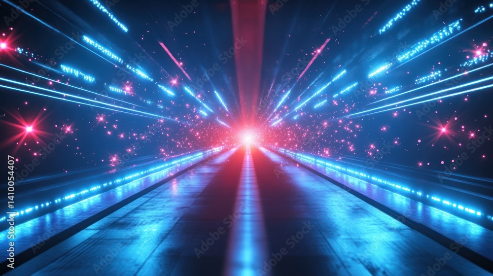Poster futuristic laser lights create vibrant patterns in space, showcasing advanced visual design with blu
