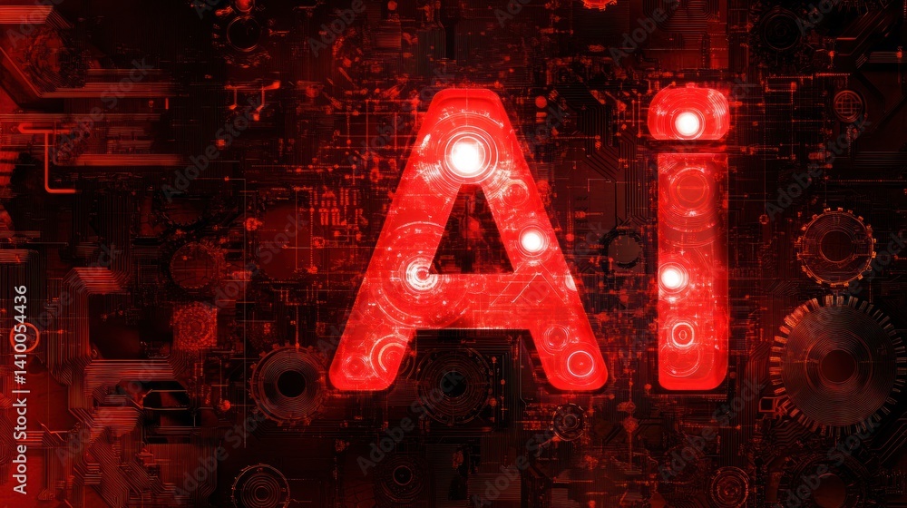 Poster futuristic red ai sign illuminated with intricate patterns, symbolizing artificial intelligence and 