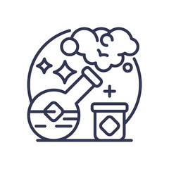 Line art of a chemical reaction with a flask, jar, and smoke, symbolizing experimentation.