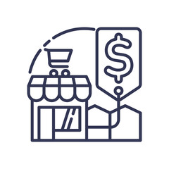 Retail store icon with shopping cart and price tag, symbolizing commerce and pricing.