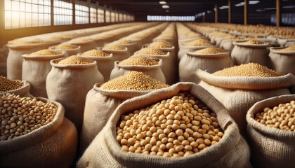 Obraz premium Grains and cereals stored in a large agricultural warehouse