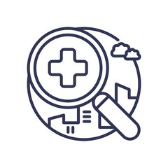 Obraz premium Magnifying glass over cityscape symbolizes research and analysis.